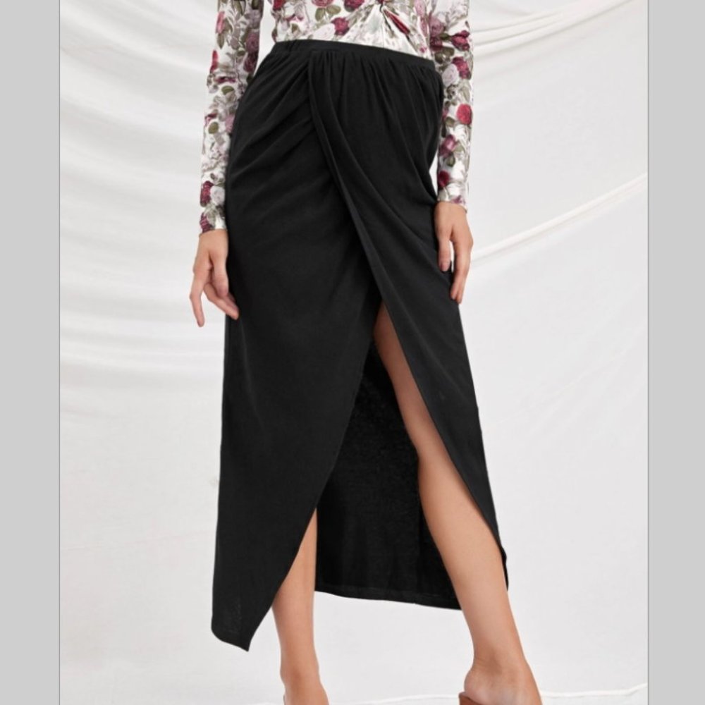 NWT Maternity skirt black long elastic waist wrap work occasional with split - Picture 3 of 6